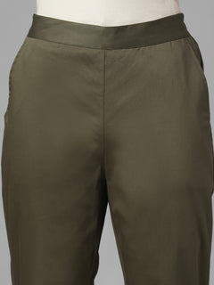 Women's Olive Cotton Lycra Regular Fit Pant