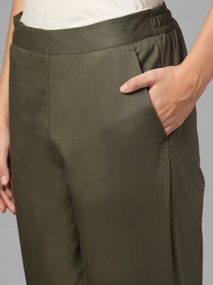 Women's Olive Cotton Lycra Regular Fit Pant