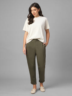 Women's Olive Cotton Lycra Regular Fit Pant