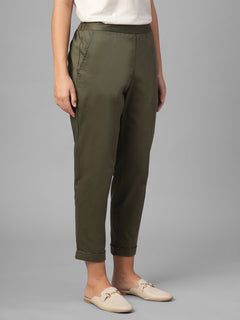 Women's Olive Cotton Lycra Regular Fit Pant