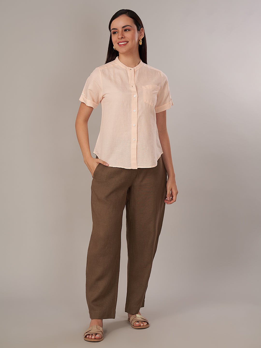Women's Linen Cotton Regular Fit Blouse Peach