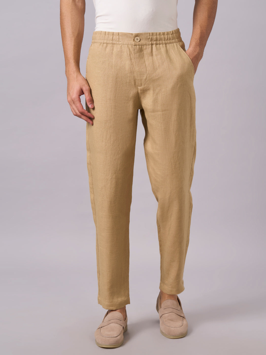Men's Khaki 100% Linen Regular Fit Pant