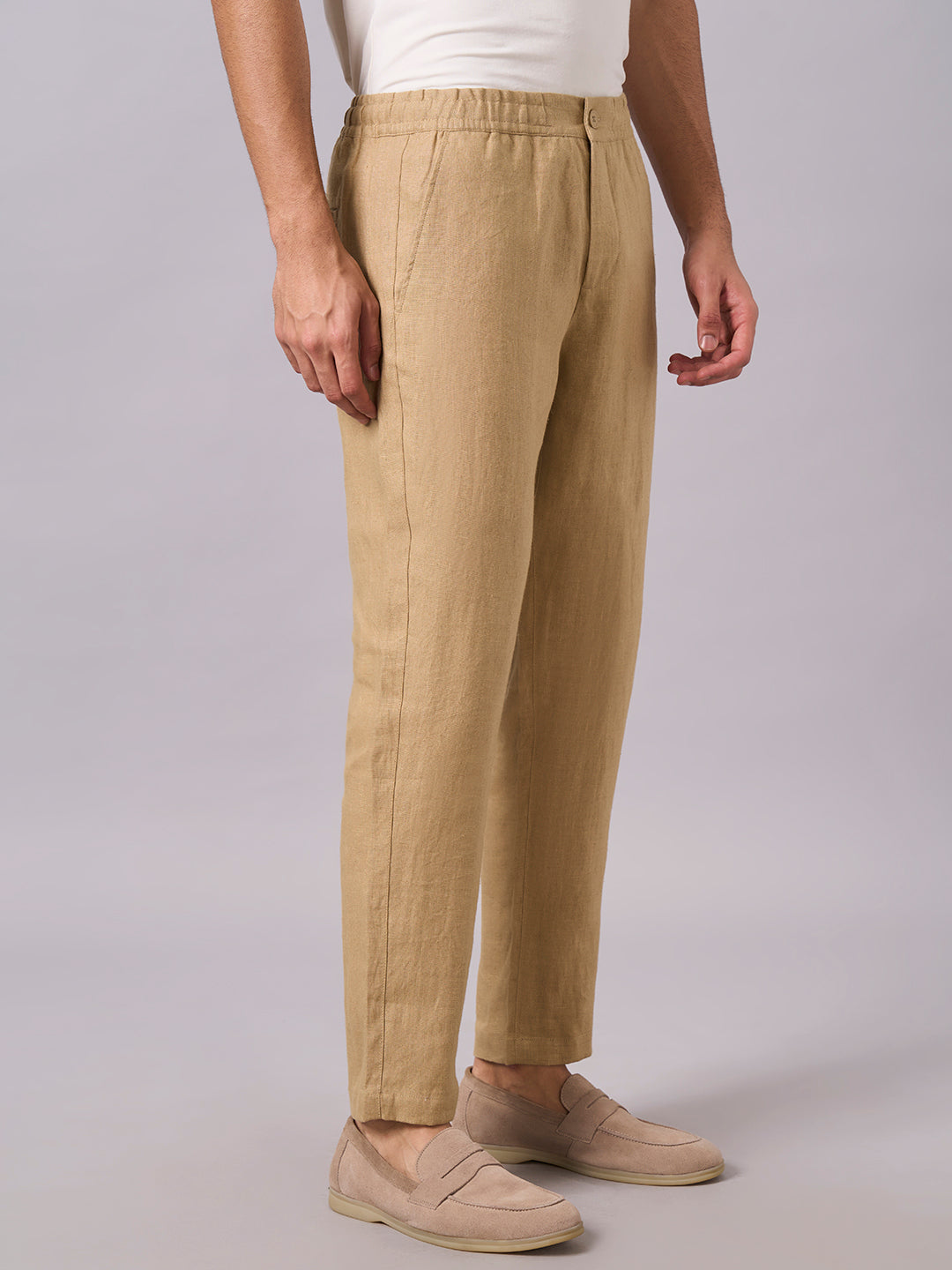 Men's Khaki 100% Linen Regular Fit Pant