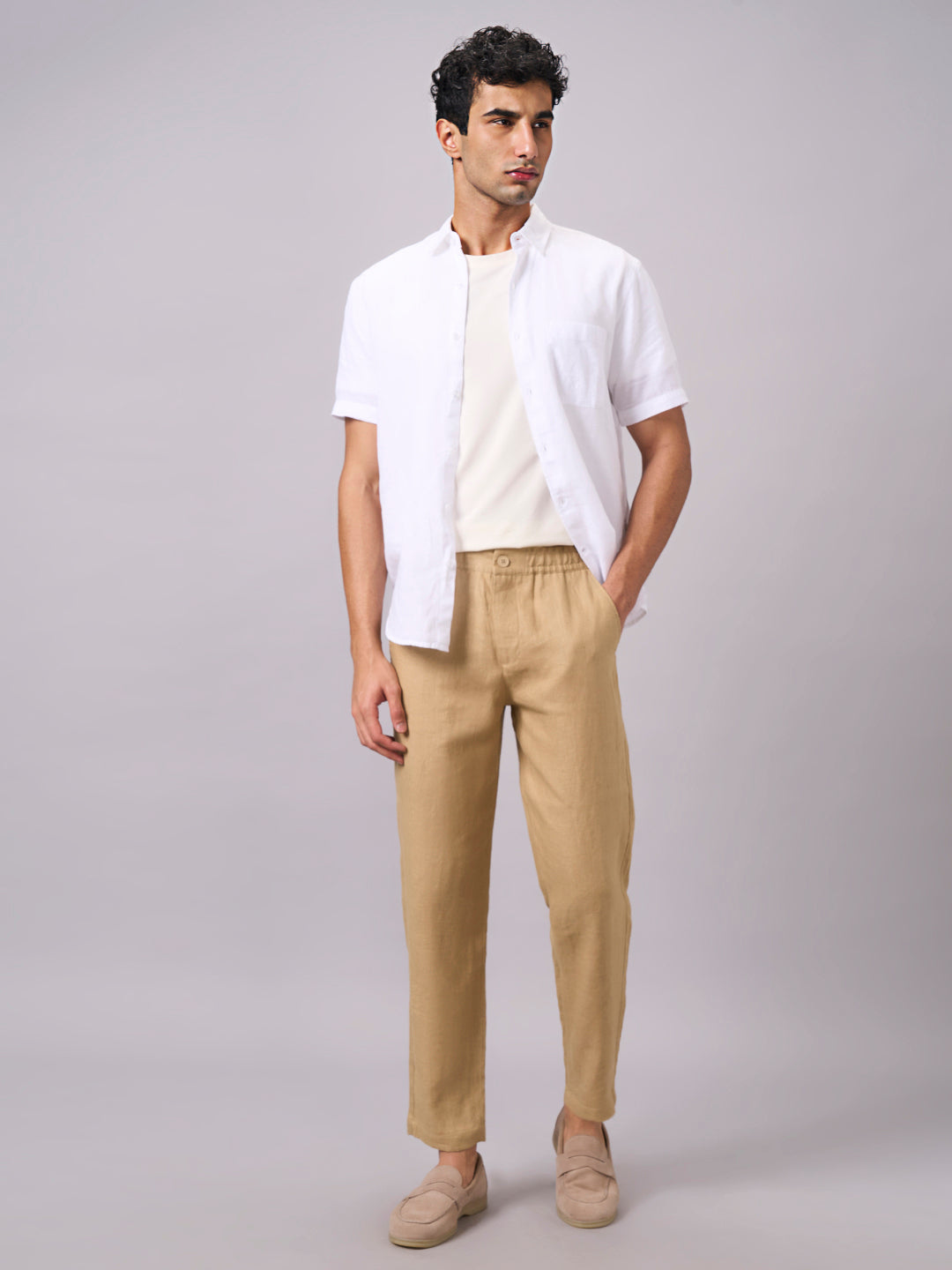 Men's Khaki 100% Linen Regular Fit Pant