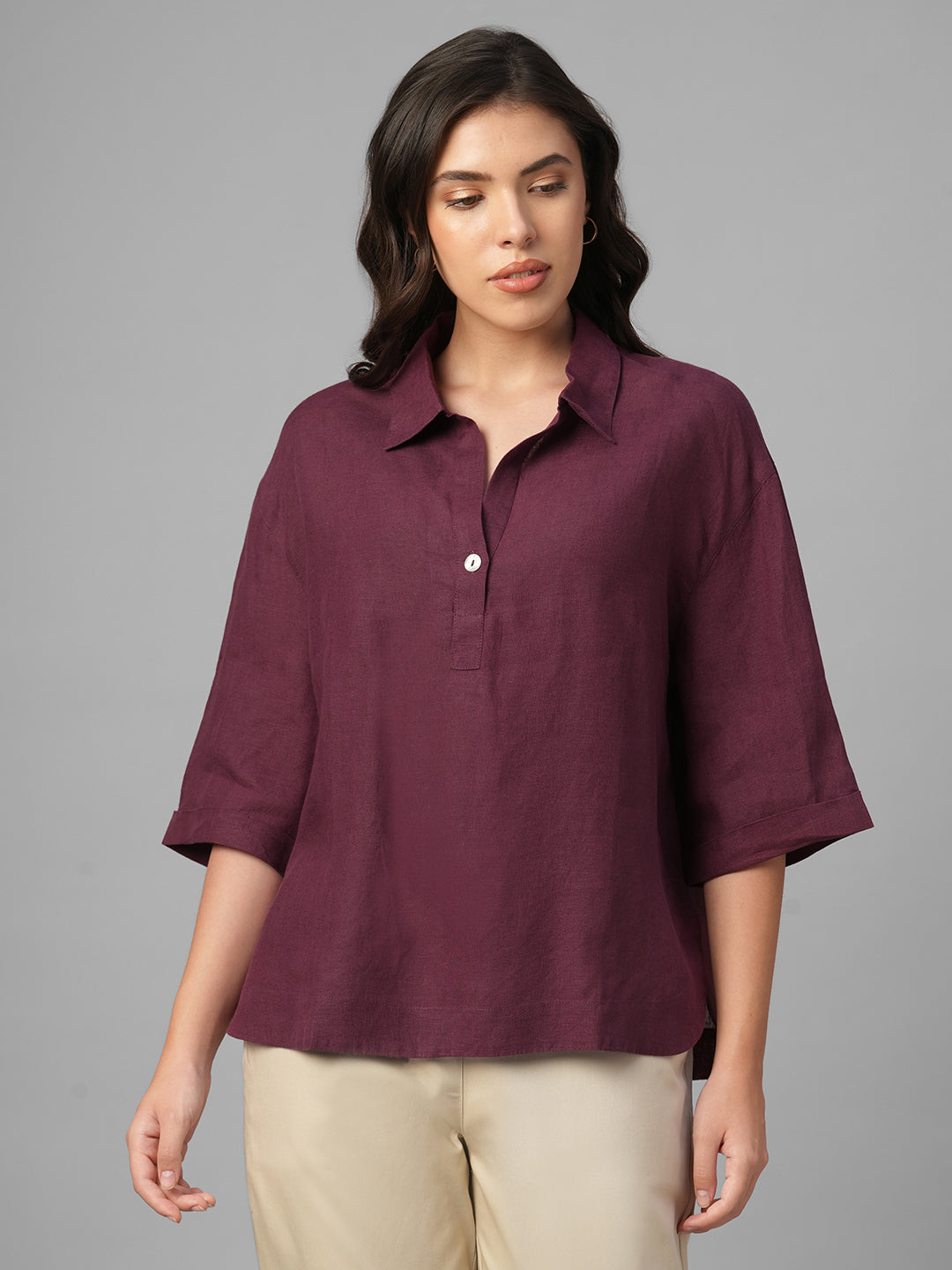 Women's Maroon 100% Linen Boxy Fit Blouse