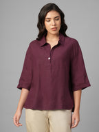 Women's Maroon 100% Linen Boxy Fit Blouse