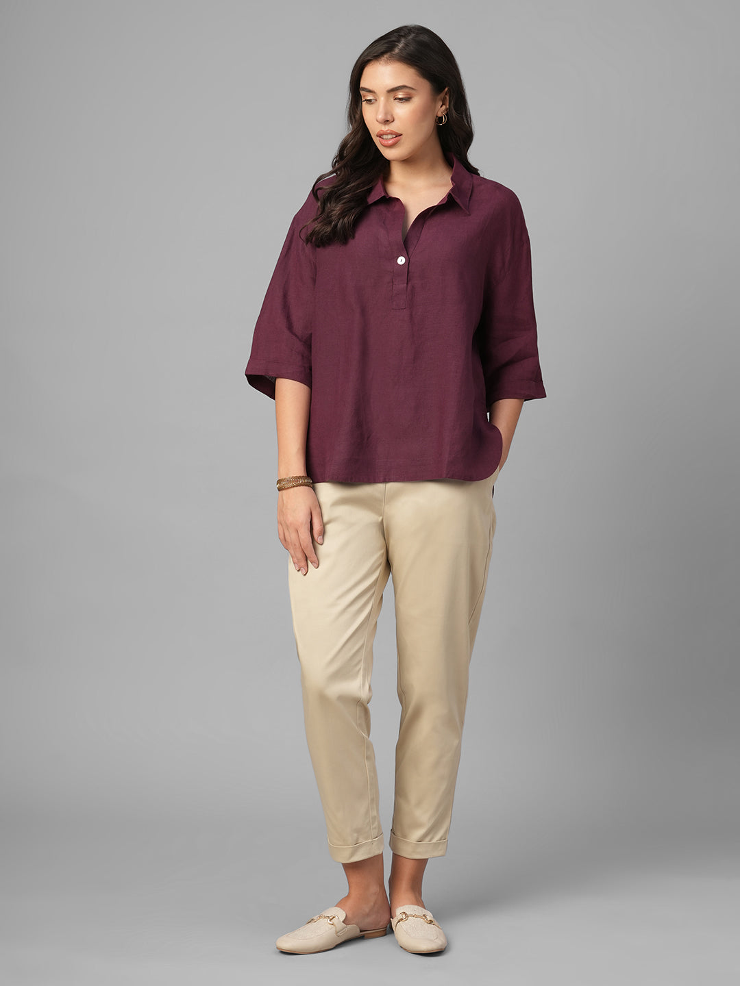 Women's Maroon 100% Linen Boxy Fit Blouse
