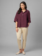 Women's Maroon 100% Linen Boxy Fit Blouse