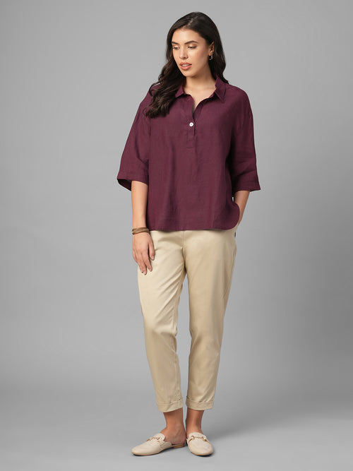 Women's Maroon 100% Linen Boxy Fit Blouse
