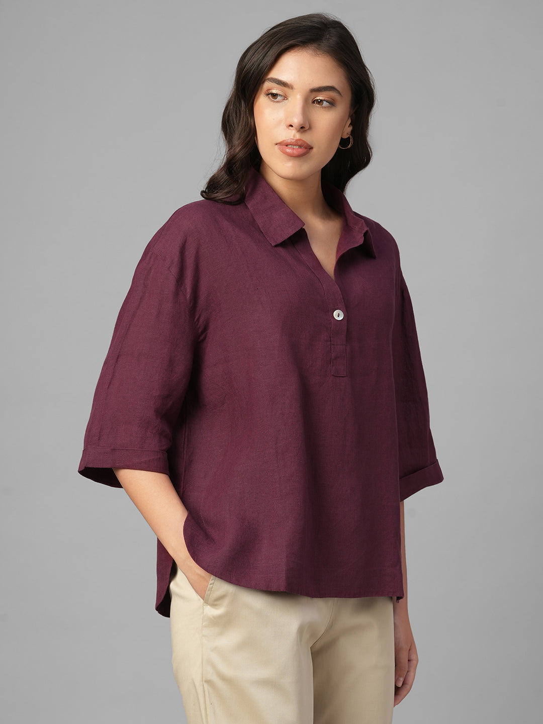 Women's Maroon 100% Linen Boxy Fit Blouse