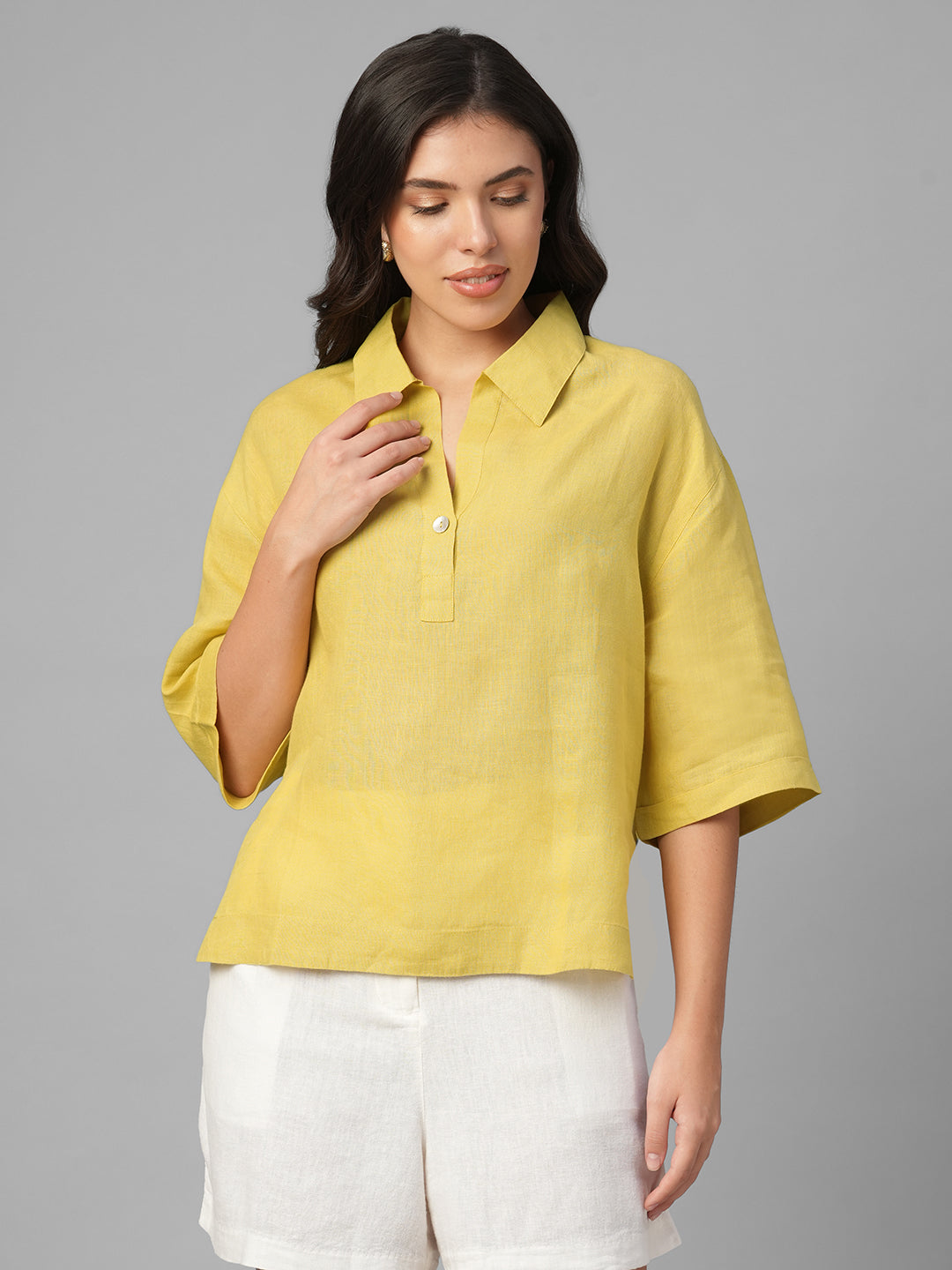 Women's Mustard 100% Linen Boxy Fit Blouse