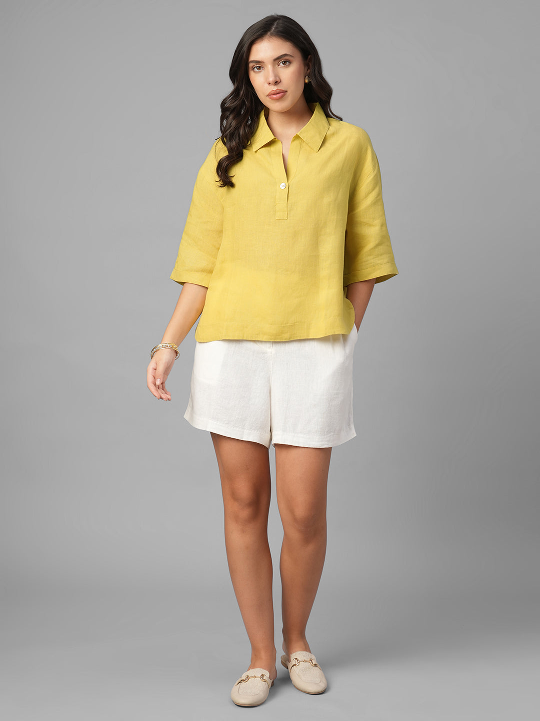 Women's Mustard 100% Linen Boxy Fit Blouse