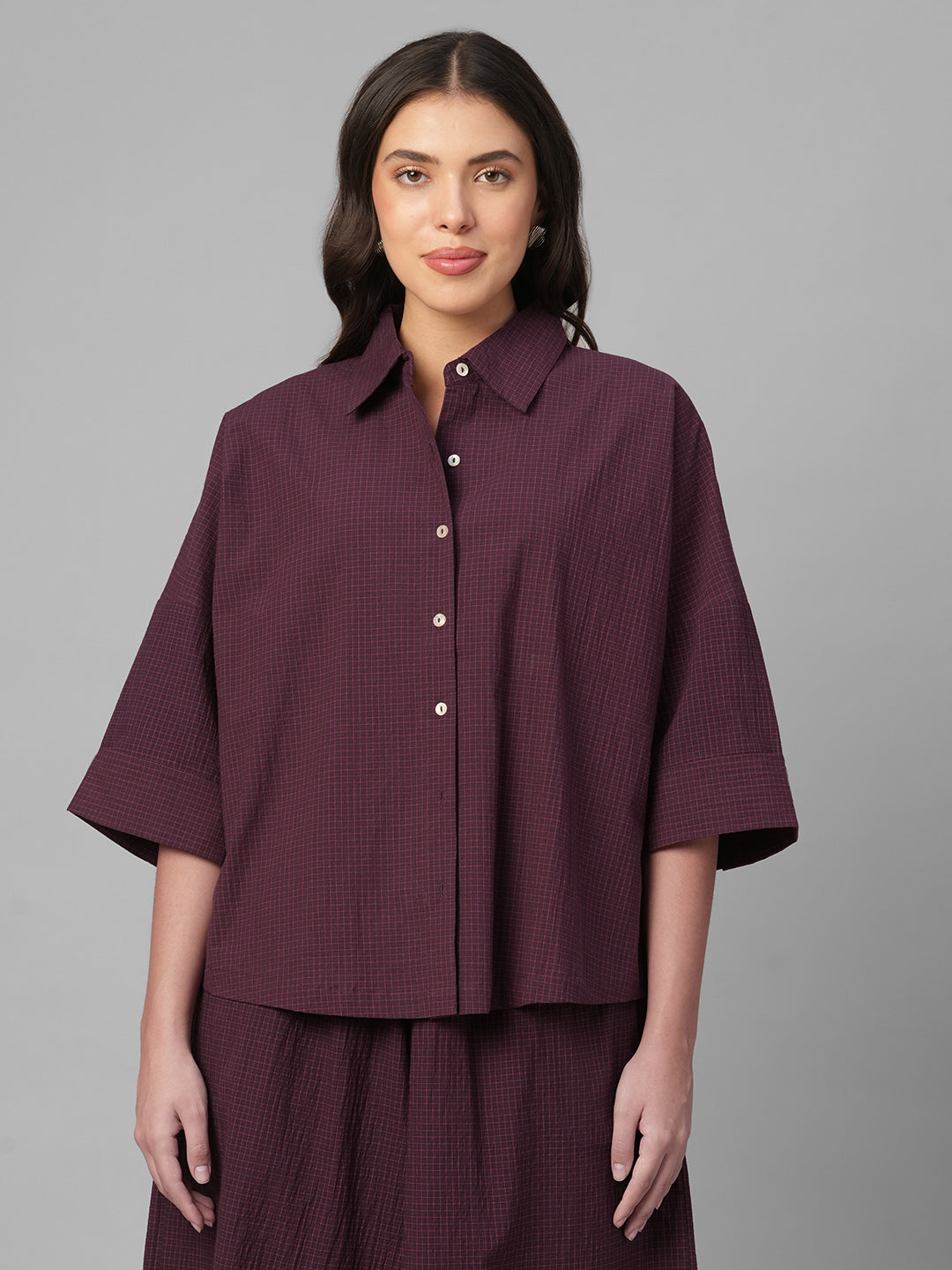 Women's Maroon Cotton Lycra Boxy Fit Blouse