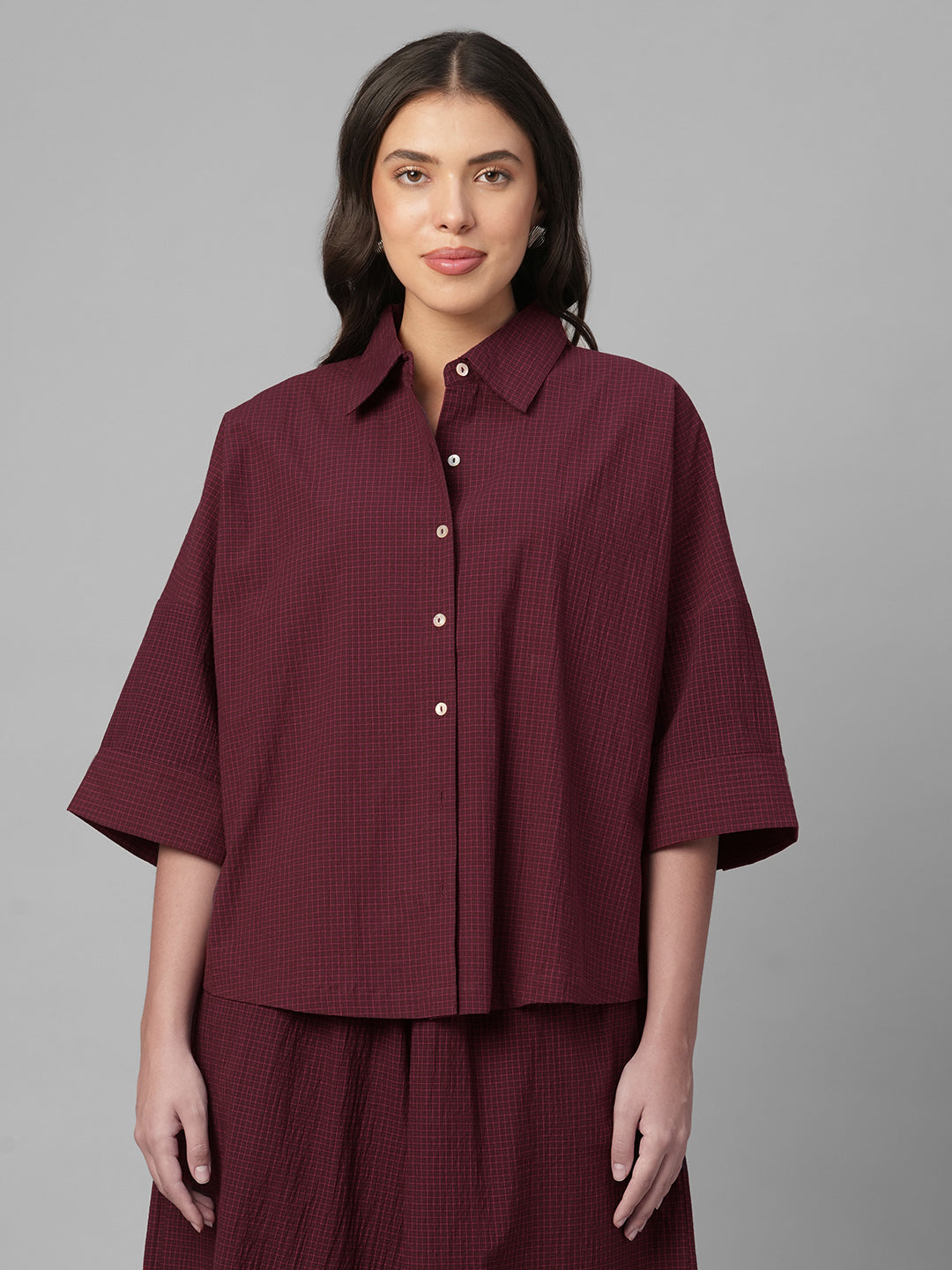 Women's Maroon Cotton Lycra Boxy Fit Blouse