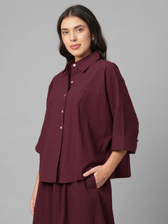 Women's Maroon Cotton Lycra Boxy Fit Blouse