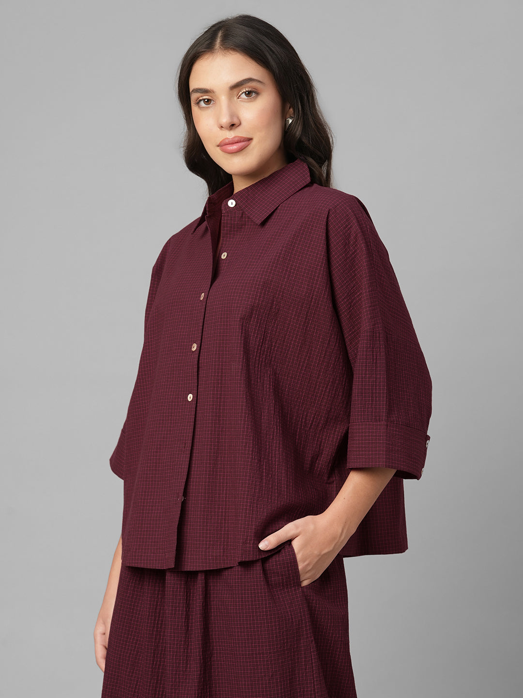Women's Maroon Cotton Lycra Boxy Fit Blouse