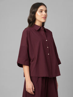 Women's Maroon Cotton Lycra Boxy Fit Blouse