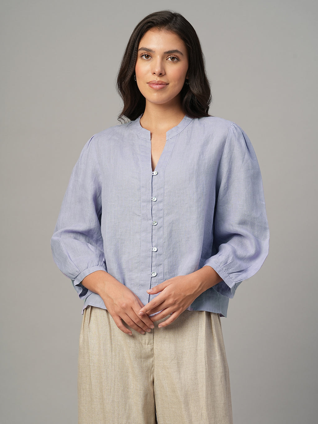 Women's Lilac 100% Linen Regular Fit Blouse