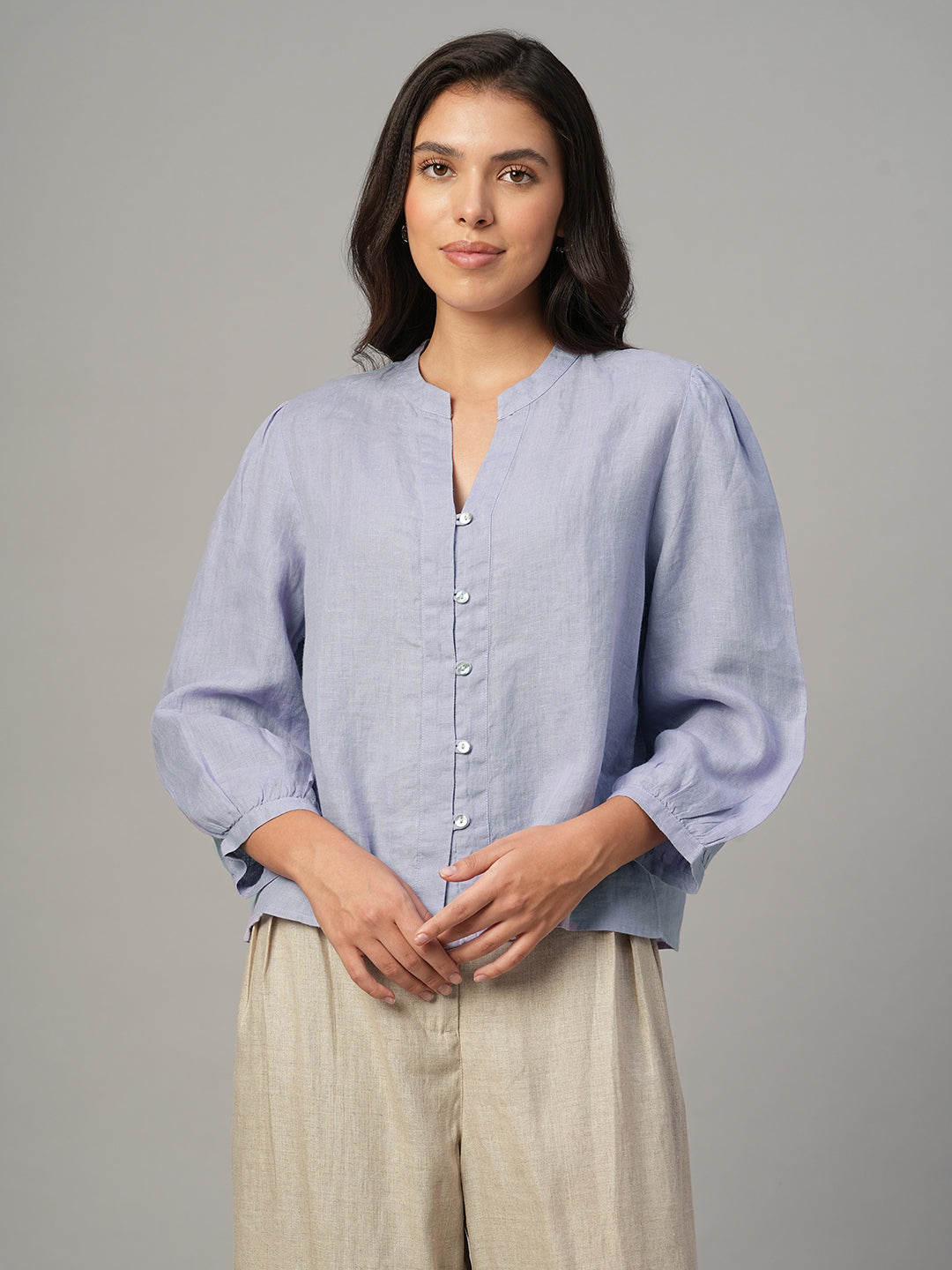 Women's Lilac 100% Linen Regular Fit Blouse