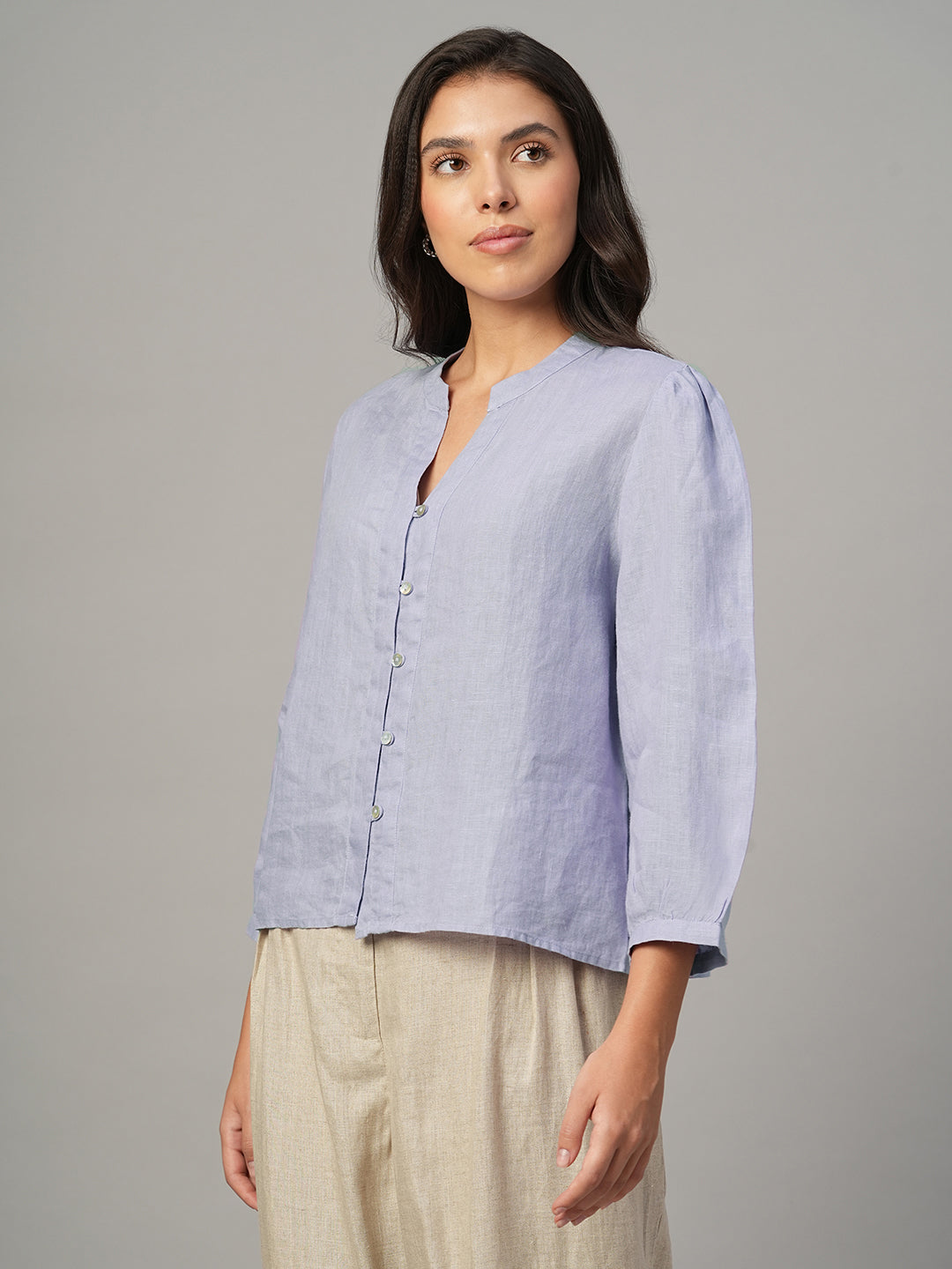 Women's Lilac 100% Linen Regular Fit Blouse