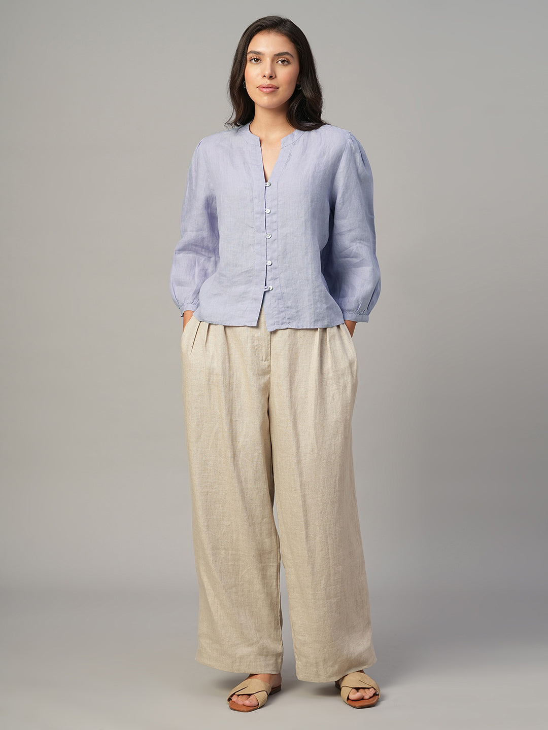 Women's Lilac 100% Linen Regular Fit Blouse