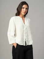 Women's White 100% Linen Regular Fit Blouse