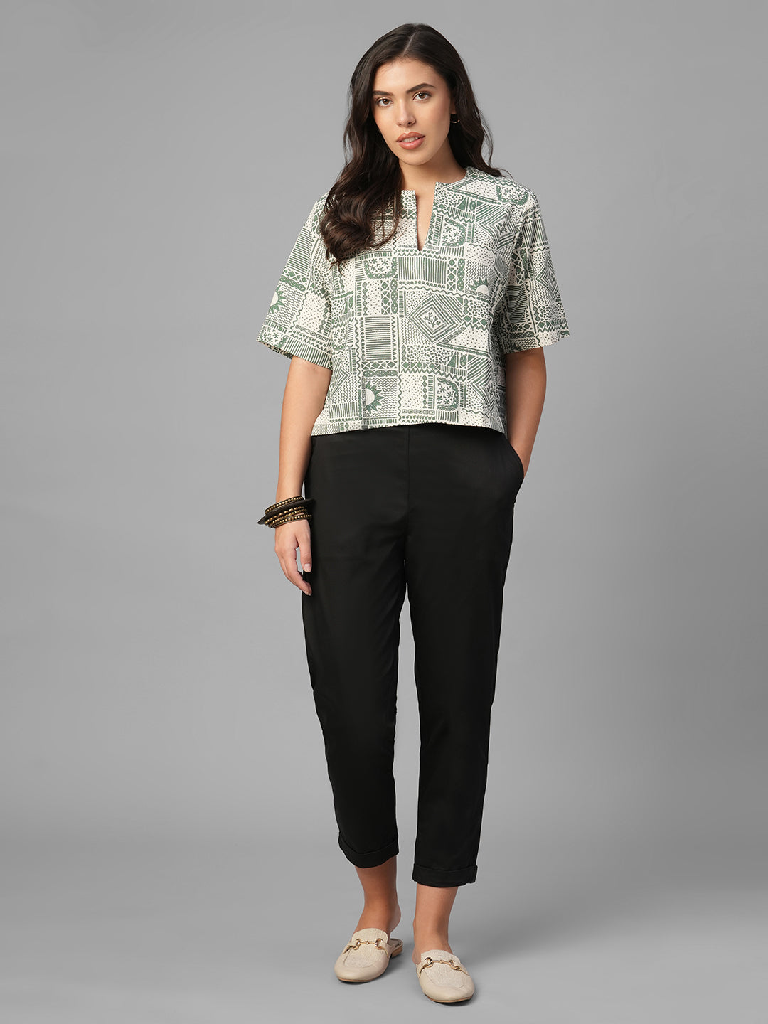 Women's Green Linen Cotton Regular Fit Blouse