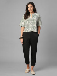 Women's Green Linen Cotton Regular Fit Blouse