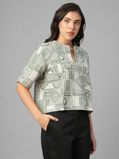 Women's Green Linen Cotton Regular Fit Blouse