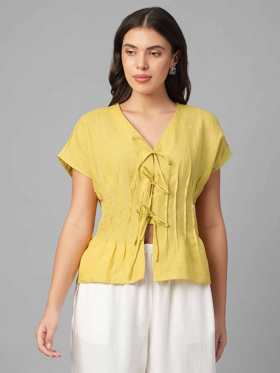 Women's Mustard 100% Linen Regular Fit Blouse