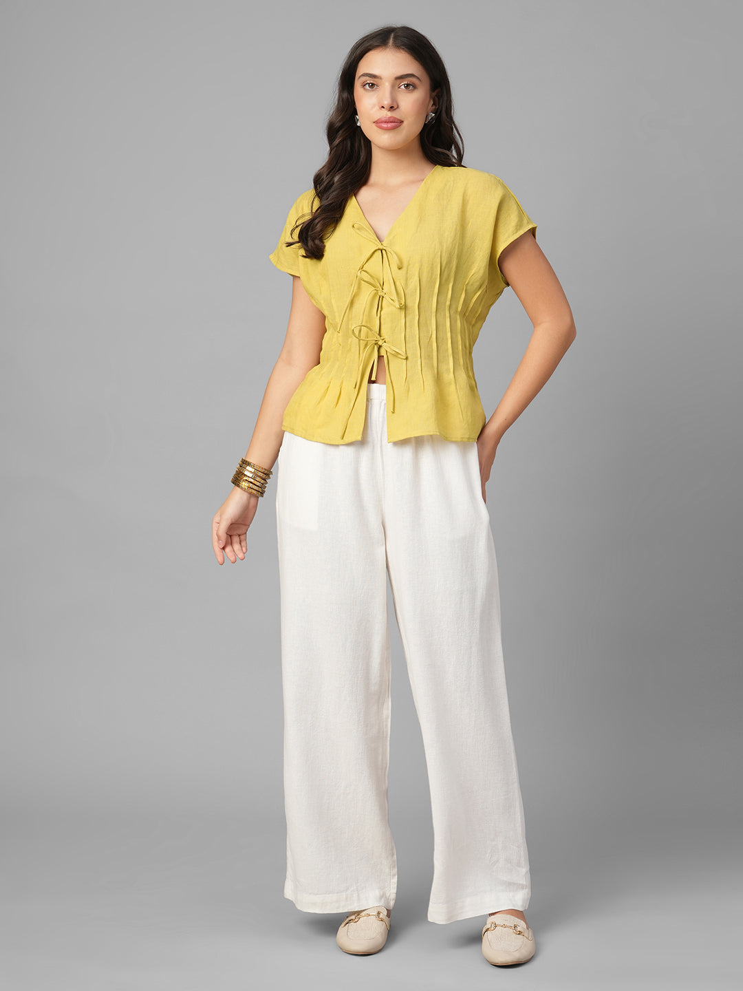 Women's Mustard 100% Linen Regular Fit Blouse
