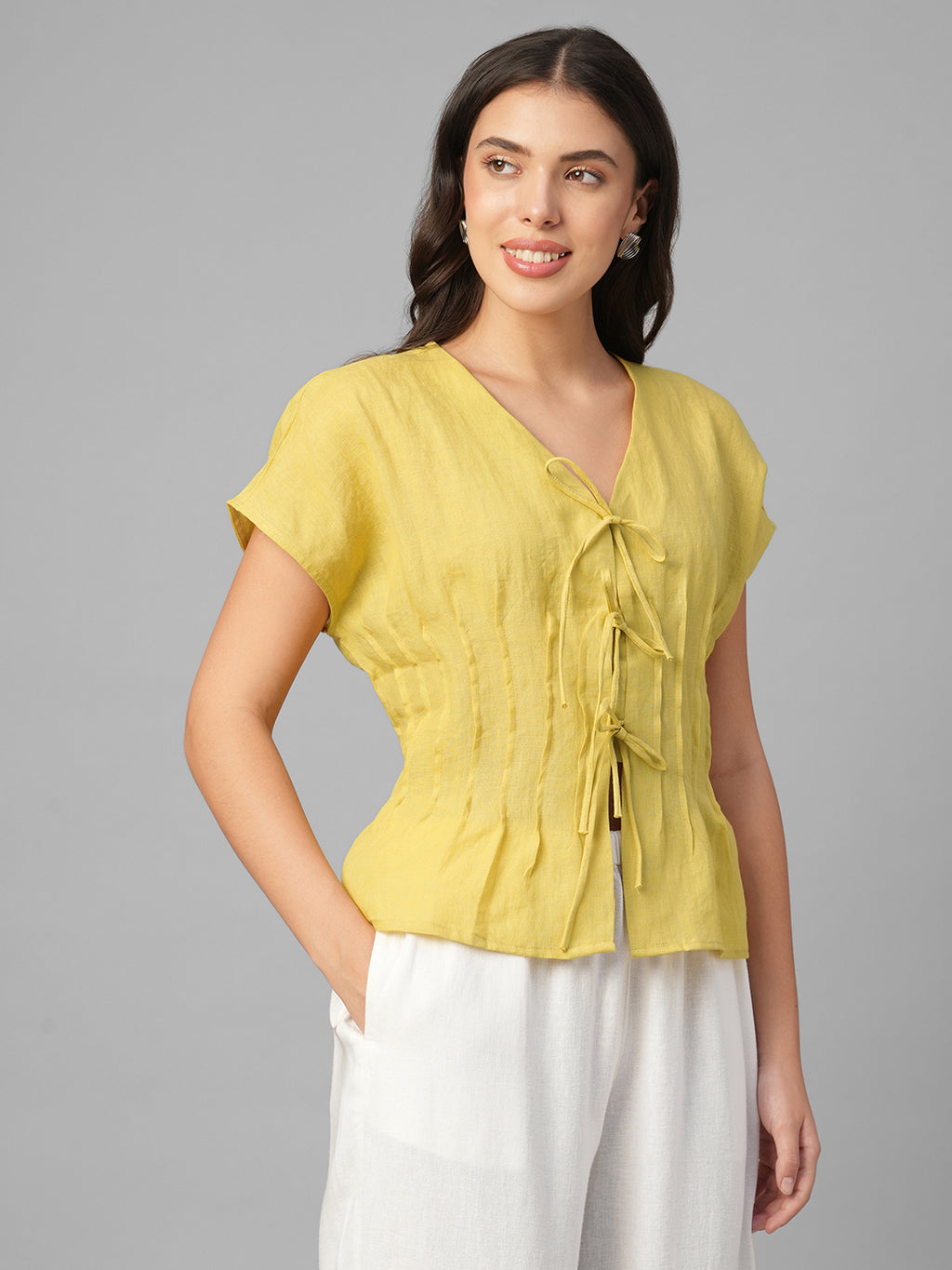 Women's Mustard 100% Linen Regular Fit Blouse