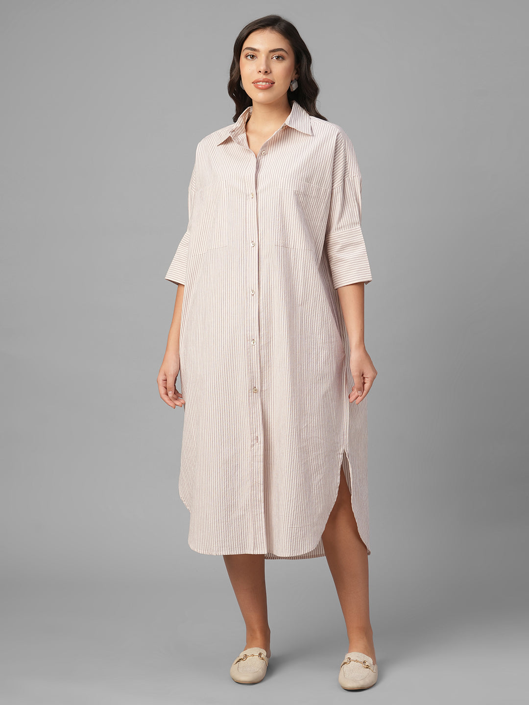 Women's Off White / Wine Cotton Lycra Boxy Fit Dress