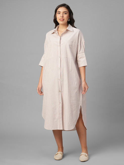 Women's Off White / Wine Cotton Lycra Boxy Fit Dress
