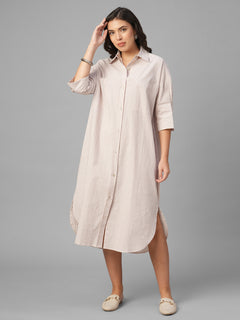 Women's Off White / Wine Cotton Lycra Boxy Fit Dress