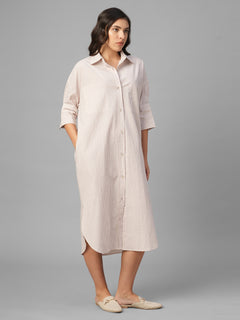 Women's Off White / Wine Cotton Lycra Boxy Fit Dress