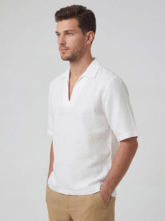 Men's Linen Cotton Regular Fit Pullover Shirt White