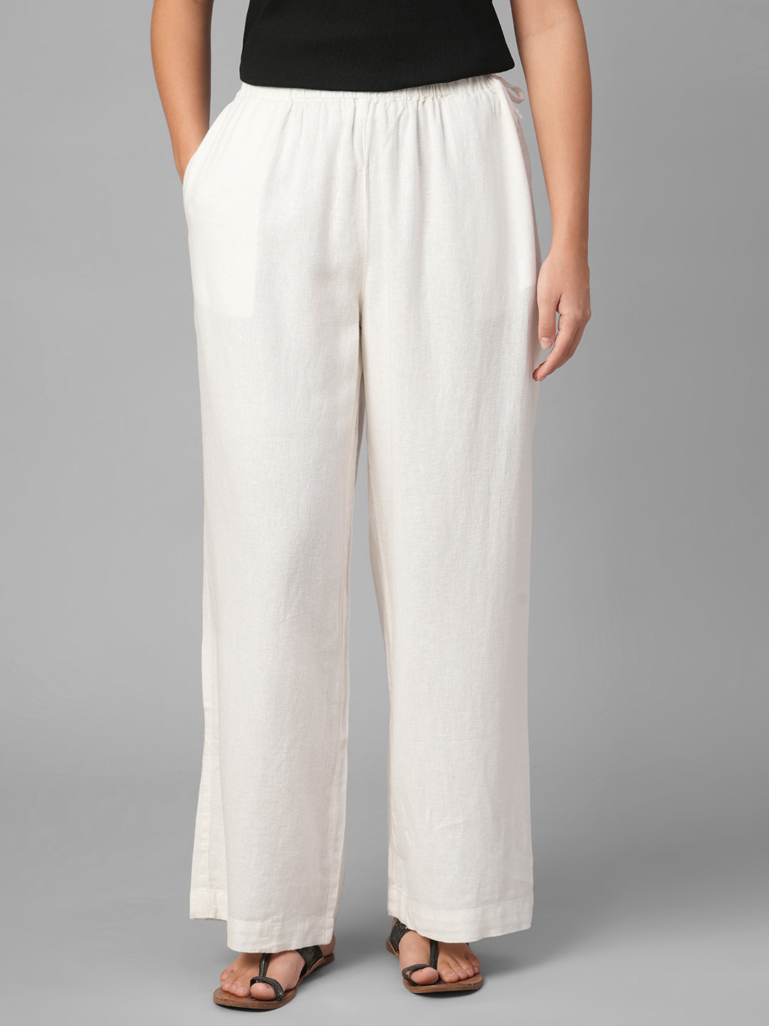 Women's White Linen Viscose Regular Fit Pant
