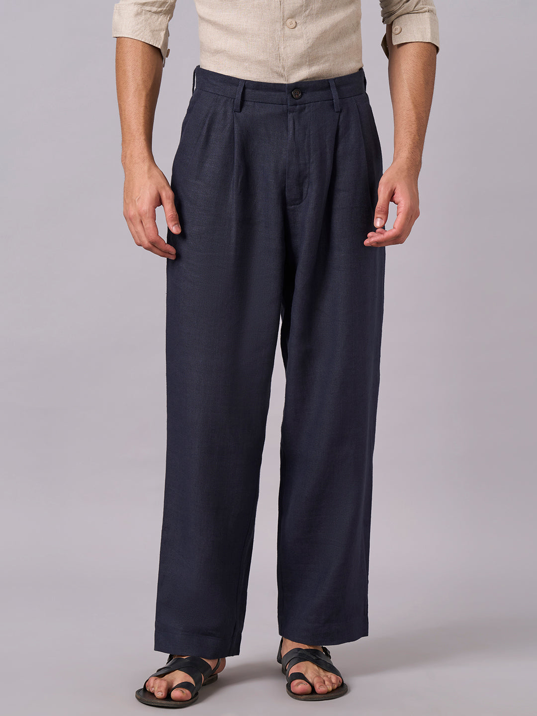 Men's Navy 100% Linen Loose Fit Pant