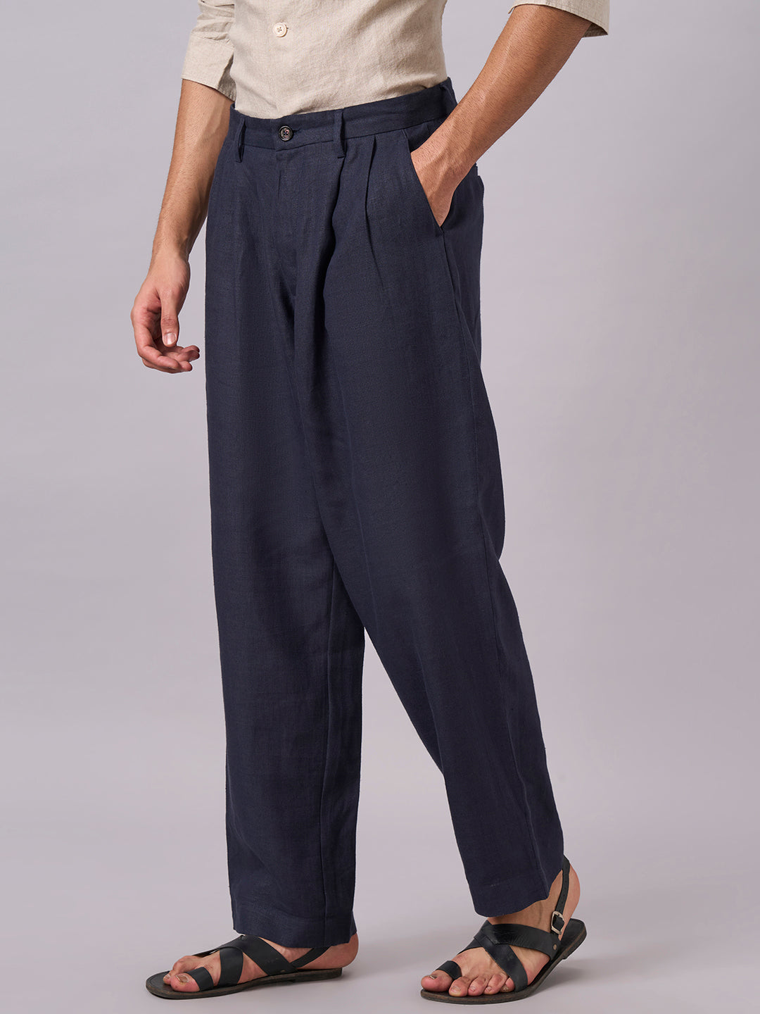 Men's Navy 100% Linen Loose Fit Pant