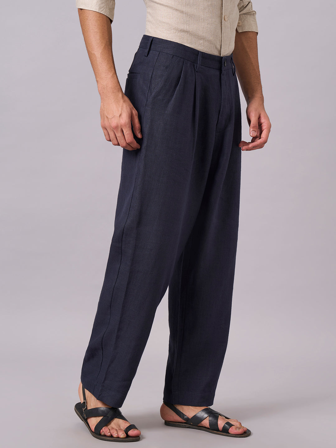 Men's Navy 100% Linen Loose Fit Pant