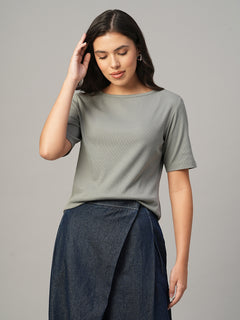 Women's Grey Cotton Elastane Regular Fit Tshirt