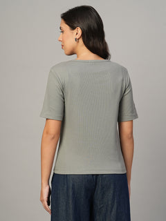 Women's Grey Cotton Elastane Regular Fit Tshirt
