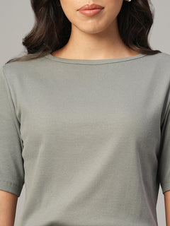 Women's Grey Cotton Elastane Regular Fit Tshirt