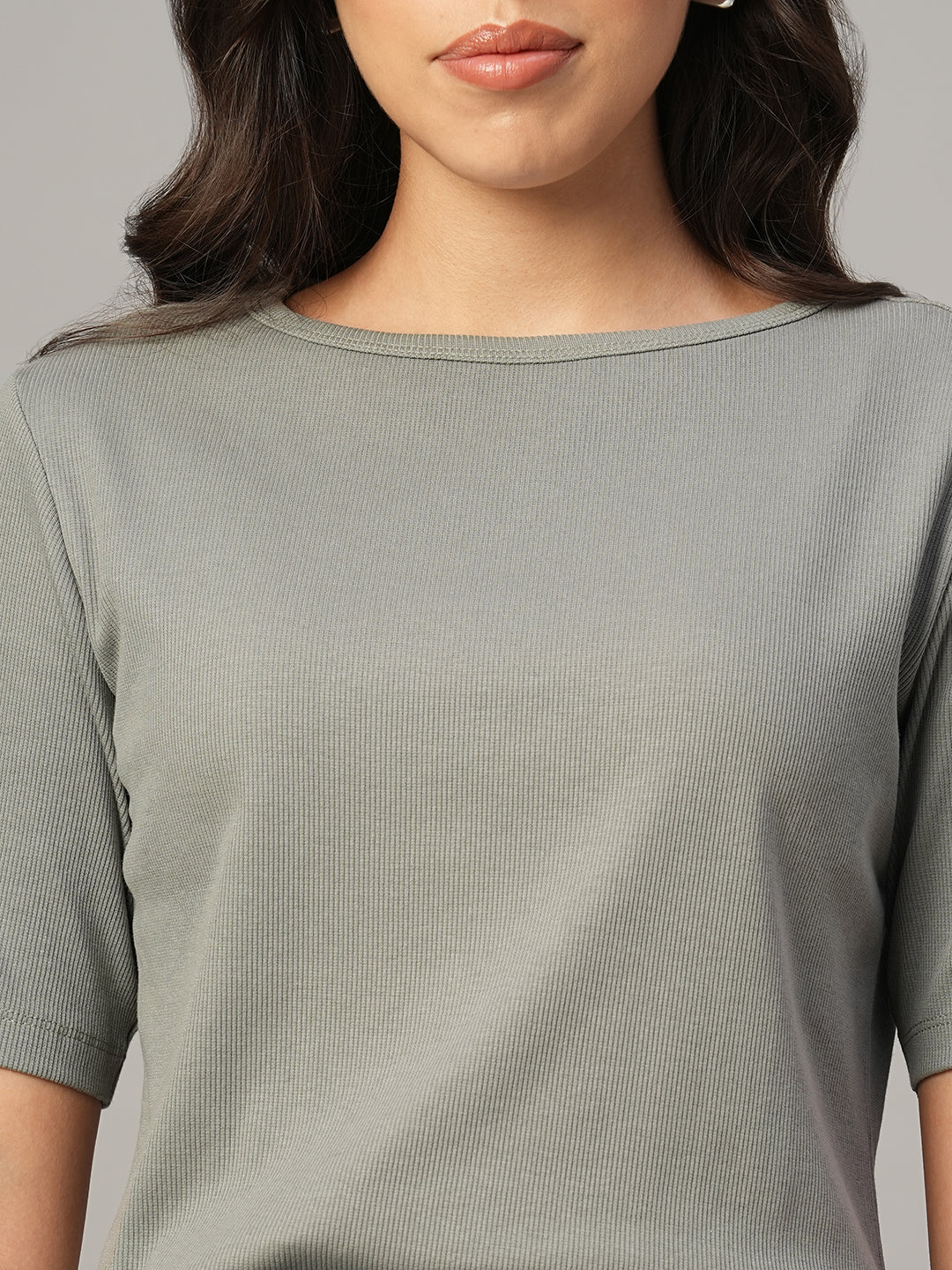 Women's Grey Cotton Elastane Regular Fit Tshirt