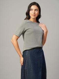 Women's Grey Cotton Elastane Regular Fit Tshirt