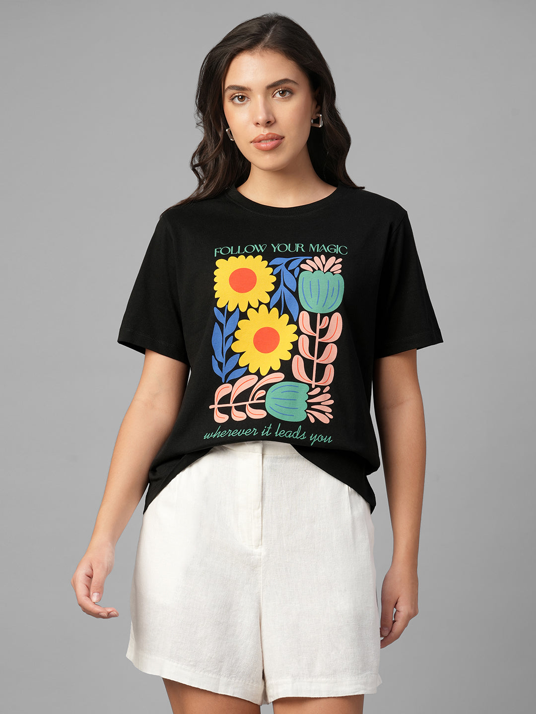 Women's Black 100% Organic Cotton Regular Fit Tshirt