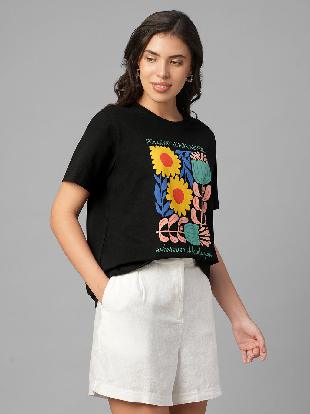 Women's Black 100% Organic Cotton Regular Fit Tshirt