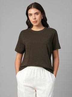 Women's Brown Cotton Bamboo Elastane Regular Fit Tshirt