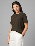 Women's Brown Cotton Bamboo Elastane Regular Fit Tshirt